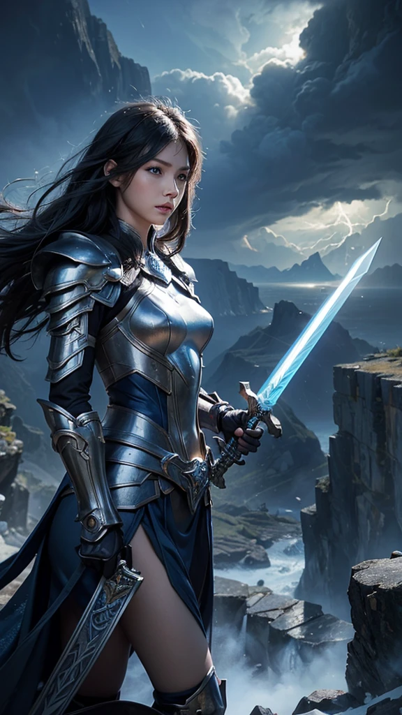 A female warrior blocking lightning from a thundercloud with her sword Her hair is blue and long、With blue eyes、Wearing white, carved, mechanical armor。A large dragon is watching from afar。Background、Cliffs along the coastline High resolution, Anatomically correct, Highest quality, High detail, Very detailed, Ultra high definition, Textured skin, accurate, Winner of numerous awards,