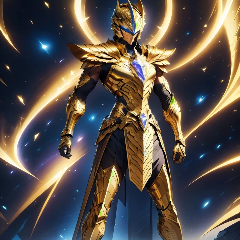 It's a man. The image presents a highly detailed and futuristic armor designed for a male warrior. The armor combines elements from different parts to create a cohesive and powerful look. Helmet: The helmet features a sleek, aerodynamic design with a golden metallic finish. It has a central crest that rises upwards, and the visor glows with a bright blue light, giving it a high-tech, futuristic appearance. Pauldrons (Shoulder Pads): The shoulder pads are designed to be close to the chest, with angular lines extending smoothly toward the shoulders. They have a polished golden finish and curve elegantly upward, creating a harmonious transition between the chest and shoulders, while providing a majestic and protective look. Chest Plate: The chest plate is intricately segmented, with a combination of gold and dark metallic blue. It has a gem-like crystal in the center that emits a soft, mystical glow. The design of the chest plate is both protective and regal, with sharp, angular lines that add to the overall futuristic aesthetic. Arm Guards: The arm guards are sleek and streamlined, with articulated golden and purple segments that offer flexibility and protection. The design of the gauntlets is both robust and elegant, incorporating futuristic elements that blend with the classic style. Leg Armor: The legs are armored with segmented plates that are primarily gold and purple. The boots are angular and sturdy, with a design that conveys both strength and agility. The overall look of the leg armor is grounded yet sleek, completing the ensemble with a powerful stance. The background of the image is a dark cosmic scene, filled with distant stars and nebulae that highlight the polished surfaces of the armor. Dynamic lighting is used to emphasize the key features, particularly the glowing visor and central chest gem, reinforcing the mystical and imposing nature of the warrior.