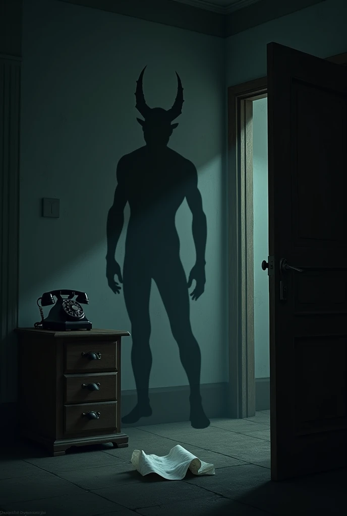 A dark room with a telephone on a small table, a shadow of a demon on the wall, and a small crumpled piece of paper on the floor. There is a gloomy atmosphere in the room.