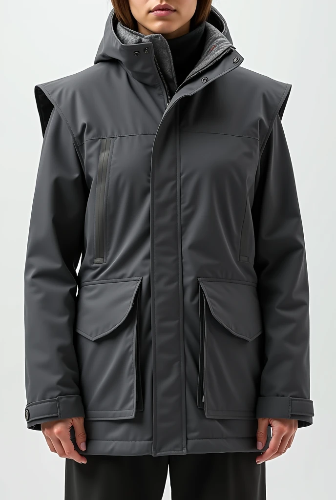"Design a unique, convertible two-in-one jacket and vest set. The jacket should have a sharp, structured silhouette made from a high-quality, weather-resistant fabric in deep matte charcoal gray. The sleeves should be detachable via hidden zippers, allowing the jacket to transform into a vest. The design should feature a high, structured collar with a magnetic closure and large, concealed side pockets. The inside of the vest should be lined with a quilted metallic fabric in copper or silver, adding warmth and a subtle design contrast. Include hidden, adjustable drawstrings in the hemline for a customizable fit and a discreet, embossed logo on the lower back. Additionally, integrate a hidden interior chest pocket with a removable microfiber cloth for cleaning glasses or screens. The overall design should combine modern aesthetics with innovative, practical features, creating a versatile piece that stands out in the market."