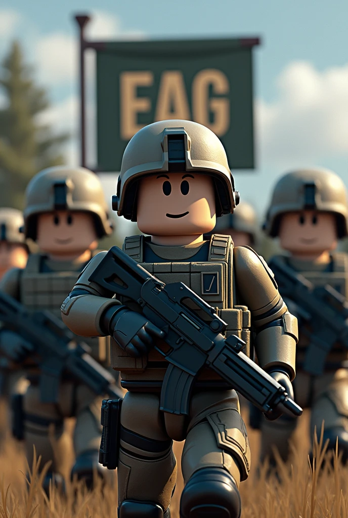 (photorealism:1.2), Draw a cover of a military organization whose initials are EAG and in the background there are some troops from the organization.,  that the soldiers have the Roblox style that looks like a game cover and that the initials EAG appear in the form of a banner