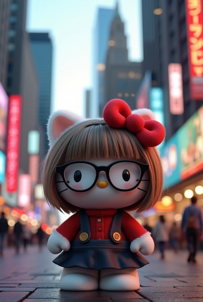 hello kitty 4k in ny city with straight medium brown hair and glasses