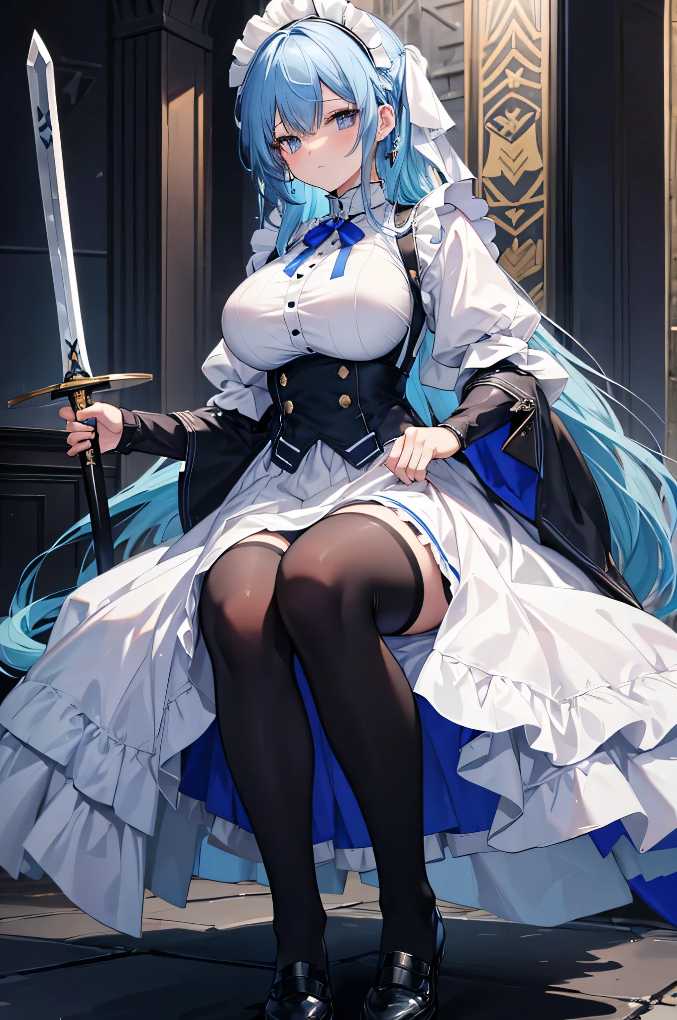 4K,High resolution,One Woman,Blue Hair,long hair,Big Breasts,maid,maid服,White plate armor,Heavy Armor,Full Armor,Black tights,White shoes,maidのカチューシャー,Jewelry decoration,Long sword,Medieval castle town