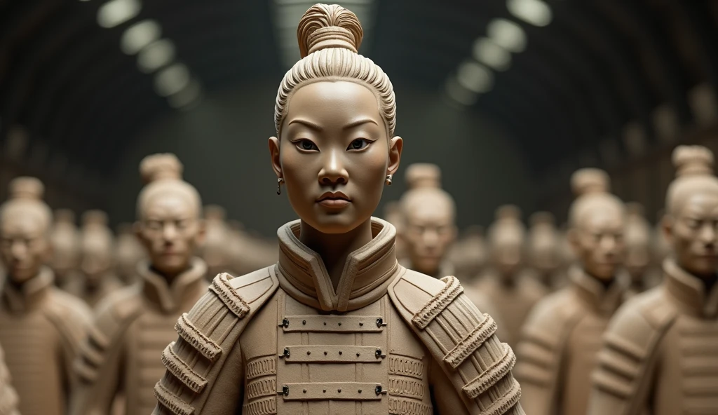 A highly detailed and realistic sculpture of the Terracotta Army, a large collection of terracotta sculptures depicting the armies of the first emperor of China, Qin Shi Huang, 1 girl soldier, intricate armor, lifelike expression, museum quality, cinematic lighting, muted earthy tones, ultra-detailed, 8k, photorealistic