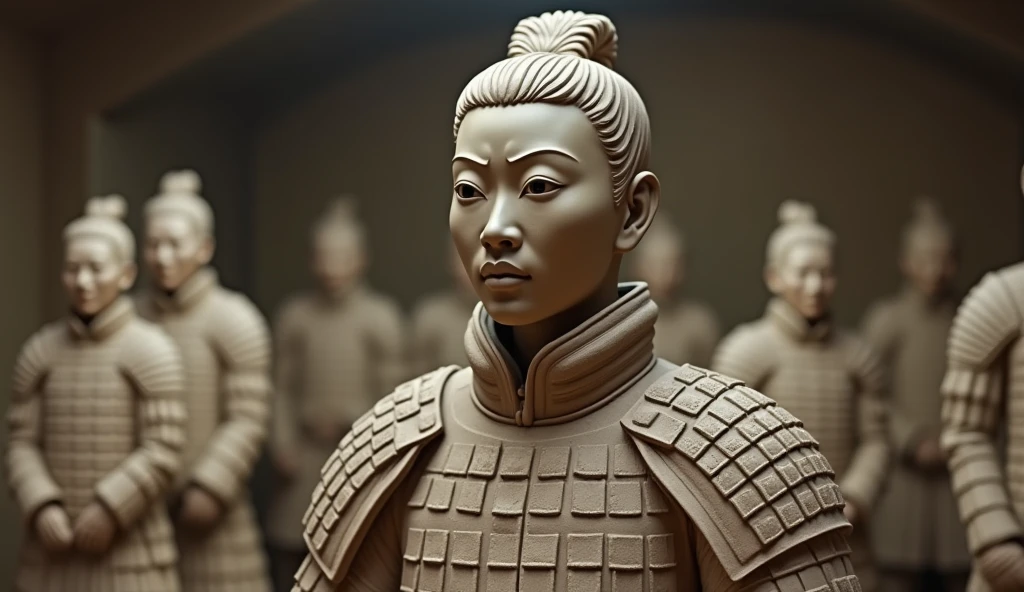 A highly detailed and realistic sculpture of the Terracotta Army, a large collection of terracotta sculptures depicting the armies of the first emperor of China, Qin Shi Huang, 1 girl soldier, intricate armor, lifelike expression, museum quality, cinematic lighting, muted earthy tones, ultra-detailed, 8k, photorealistic
