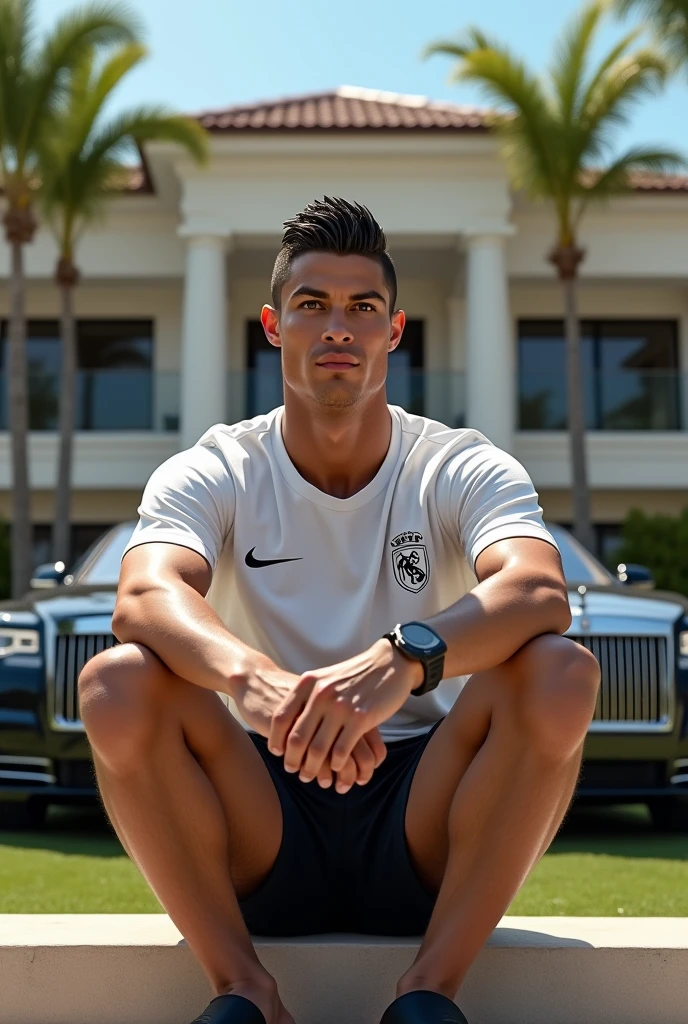 Cristiano Ronaldo ;portant un t-shirt blanc nike;une culot noir nike ;des claquette noir nike,des sauchette blanc nike;assis au kapau d'une rolls roys;devant un villa