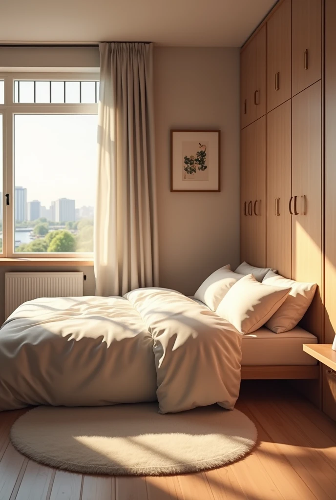 Create a room with 1 double bed and 1 built-in wardrobe on the right wall and a window on the left
