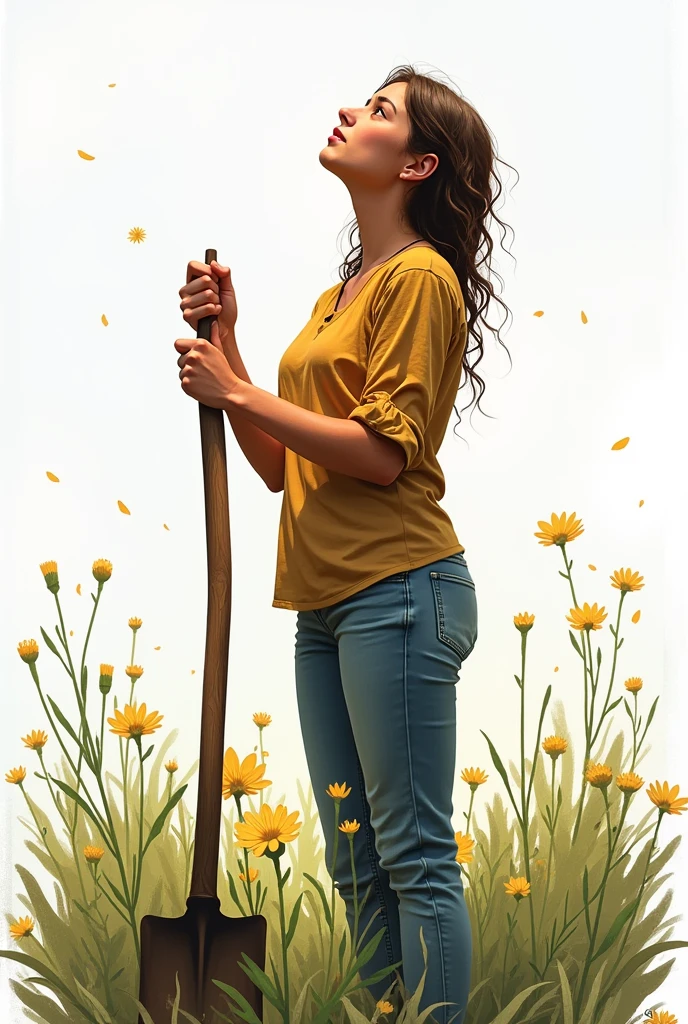  looking up and holding a hoe, seen from the front, beautiful and lively illustration, and also expressive