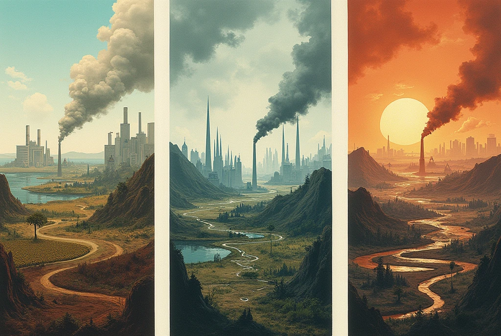 Three panels: one for CO₂ with factories and deforestation, one for CH₄ with livestock and landfills, and one for NOₓ with the use of fertilizers and the burning of fossil fuels.