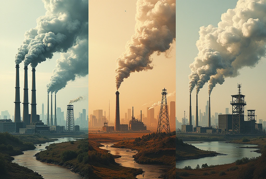 Three panels: one for CO₂ with factories and deforestation, one for CH₄ with livestock and landfills, and one for NOₓ with the use of fertilizers and the burning of fossil fuels.
