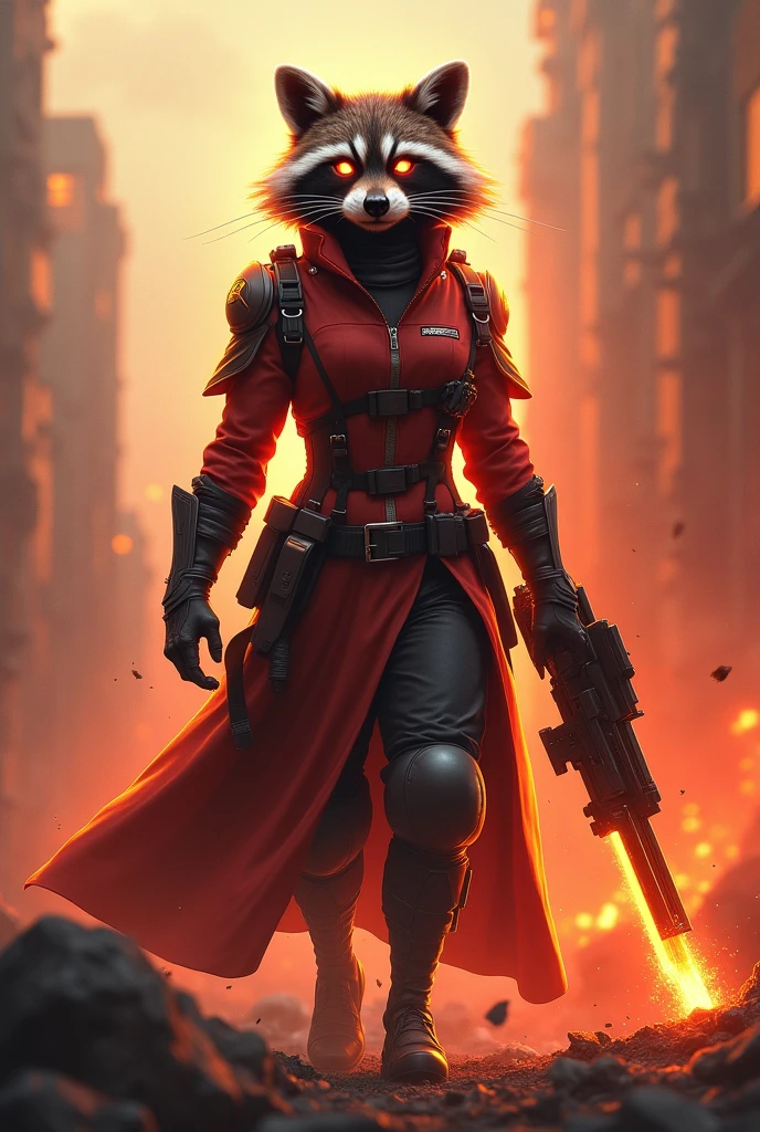 A victorious female raccoon with fiery eyes dressed in a female military uniform in a war setting holding a powerful weapon while exuding a red-colored aura of power