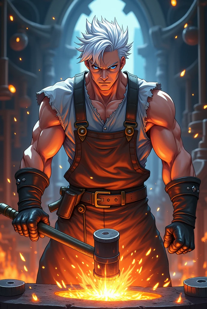a blacksmith, anime styling, White hair, blue colored eyes.