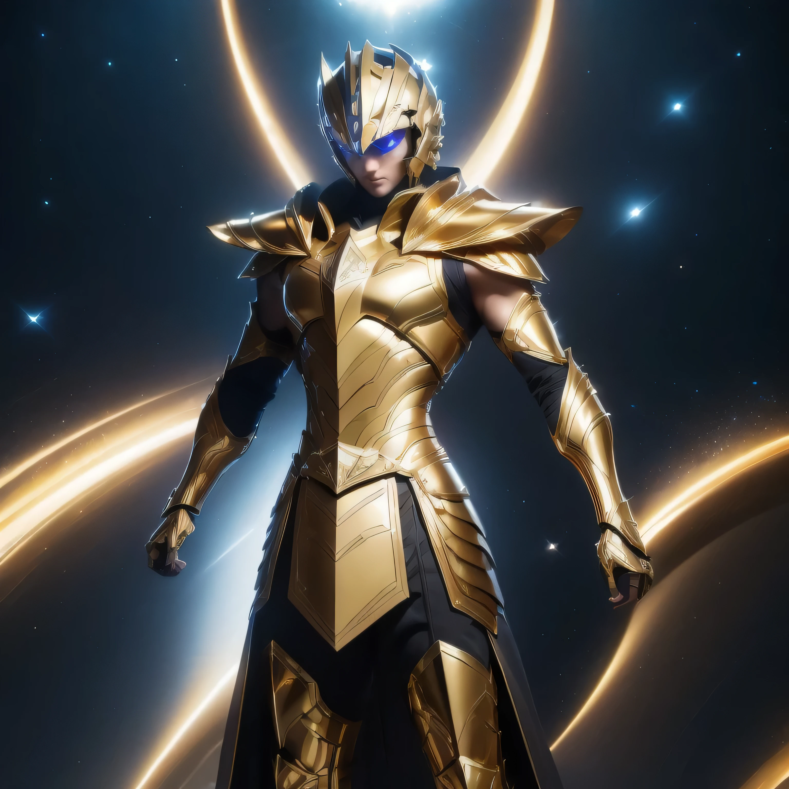 It's a man. The image presents a highly detailed and futuristic armor designed for a male warrior. The armor combines elements from different parts to create a cohesive and powerful look. Helmet: The helmet features a sleek, aerodynamic design with a golden metallic finish. It has a central crest that rises upwards, and the visor glows with a bright blue light, giving it a high-tech, futuristic appearance. Pauldrons (Shoulder Pads): The shoulder pads are designed to be close to the chest, with angular lines extending smoothly toward the shoulders. They have a polished golden finish and curve elegantly upward, creating a harmonious transition between the chest and shoulders, while providing a majestic and protective look. Chest Plate: The chest plate is intricately segmented, with a combination of gold and dark metallic blue. It has a gem-like crystal in the center that emits a soft, mystical glow. The design of the chest plate is both protective and regal, with sharp, angular lines that add to the overall futuristic aesthetic. Arm Guards: The arm guards are sleek and streamlined, with articulated golden and purple segments that offer flexibility and protection. The design of the gauntlets is both robust and elegant, incorporating futuristic elements that blend with the classic style. Leg Armor: The legs are armored with segmented plates that are primarily gold and purple. The boots are angular and sturdy, with a design that conveys both strength and agility. The overall look of the leg armor is grounded yet sleek, completing the ensemble with a powerful stance. The background of the image is a dark cosmic scene, filled with distant stars and nebulae that highlight the polished surfaces of the armor. Dynamic lighting is used to emphasize the key features, particularly the glowing visor and central chest gem, reinforcing the mystical and imposing nature of the warrior.