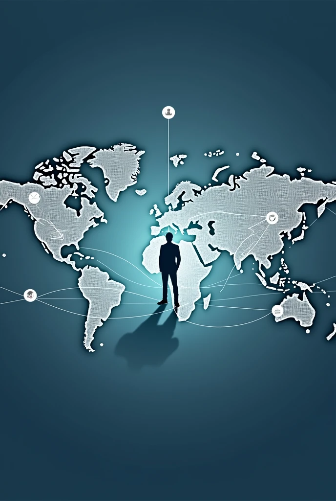 A world map with connecting lines linking different points on the globe, representing the global connection of the Brand Manager. Each point could have product icons, logos, or flags to symbolize the different markets in which it operates.