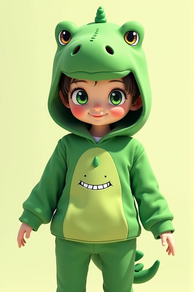 Green dinosaur hoodie green eyes a green shirt with a cute green dinosaur smile 