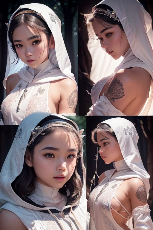 A young priest girl with Asian features, riding a animal, lovely charming face, having White silver skin tone pigmenting texture , ( full body perfect detailed masterpiece), ( dark skin tone texture masterpiece ), ( native Tribal hairstyles look), ( having a illuminating white silver crystalized wavy short hair ), ( has a artistic tattoos ),(( wearing hoodie of nun design)), (smiling, with exposed teeths showing open mouth)(perfect full body detailed anatomy), (Super accessories detailed), (fighting pose), (perfect detailed crystal Gray sparkling eyes),(wearing illuminating gemstone crystalized accessories hair), ((expose big hard erect nipples))(( exposed panty, with pussy clitoris exposed and slip showing))((legs wide open showing pussy line))(( Wearing transparent illuminating see thru priest costume )), (( holding a incense)), (( illuminating different lights covering the sorrounding atmosphere forest with a misty shadow effects showing)) ruins back temples with many flora and fona rarity, on its back wearing monk cape detailed design, has deadly presence, ((having 7 different perspective view of that same girl & face profile sheet character style ))