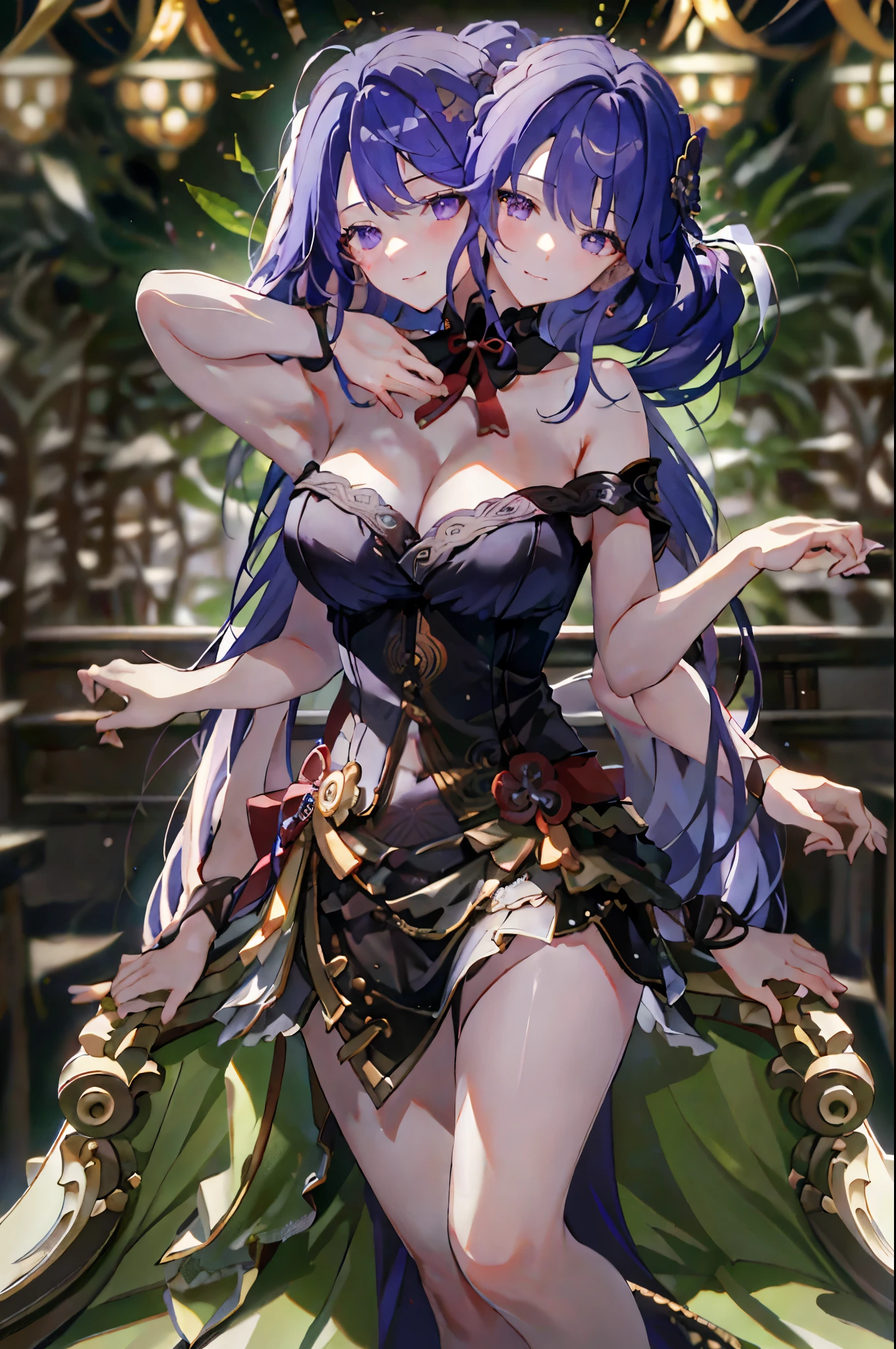 (Masterpiece, best quality), best resolution, (3 heads:1.5), 1 girl, Shogun Raiden, purple hair, Same hair color, Same eye color, Necks side by side, Necks are spaced equally across the shoulders., smile, outdoor,DSLR Photos, (8ก, 4K, Masterpiece),(Masterpiece, best quality), best resolution, (3 heads:1.5),Arms separated,arm circle, (Put your hands on your head...), (lower hand on ankle), (lower hand on leg), Full content in the frame, full body view, (four arms),(Multi-arm),(many hands), รูปร่างเพรียวบาง Masterpiece,best quality,best resolution,1 woman,many heads, upper body, รอยsmile, Facing the audience,big breasts,simple background,Beautiful face,Beautiful hair,beautiful eyes,beautiful body,Beautiful hands,conjoined twins