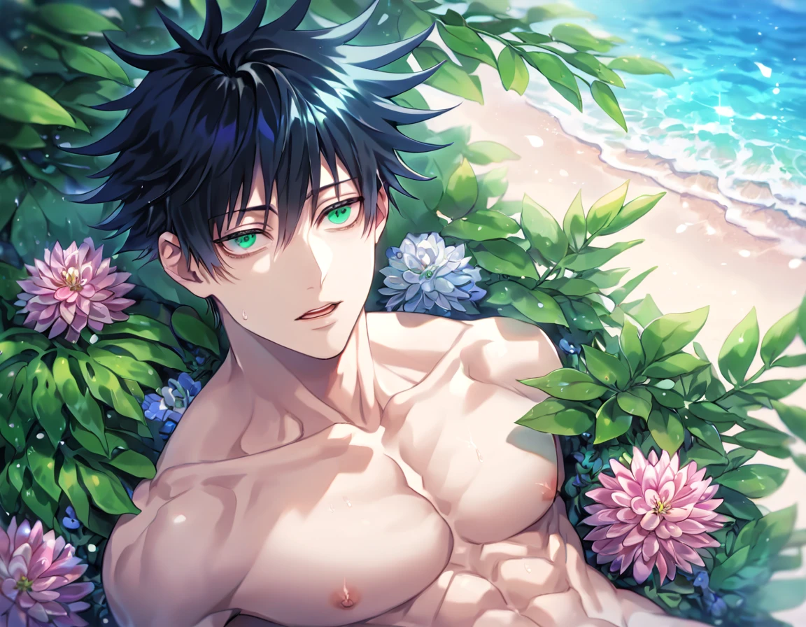 absurdres, highres, ultra detailed, HDR, master piece, Kuroo Tetsurou, black hair, hair between the eyes, expressive yellow eyes, without shirt, Haikyuu!, toned chest, bare chest, sexy man, handsome, best quality, beach, fantasy, magical, solo, water, sensual, horny, green leaves, flowers, manly man