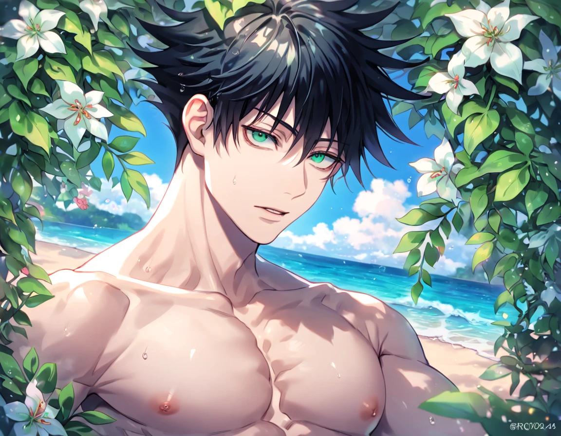 absurdres, highres, ultra detailed, HDR, master piece, Fushiguro Megumi, black hair, expressive green eyes, without shirt, Jujutsu Kaisen, toned chest, bare chest, sexy man, handsome, best quality, beach, fantasy, magical, solo, water, sensual, horny, green leaves, flowers, manly man, close up,