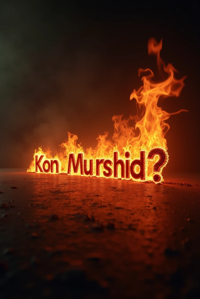 a cinematic 4k wallpaper of the urdu text "Kon Murshid?" appearing with realistic flames and fire effects, a professional cinematic scene, highly detailed, volumetric lighting, dramatic shadows, intricate details, photorealistic, 8k, masterpiece, studio quality, hyperrealistic, dramatic lighting, moody atmosphere