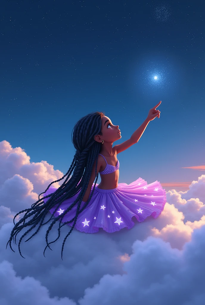  black girl sleeping on top of a cloud in the sky pointing at the stars with long black braids wearing a bikini dress with a lavender colored skirt with stars 