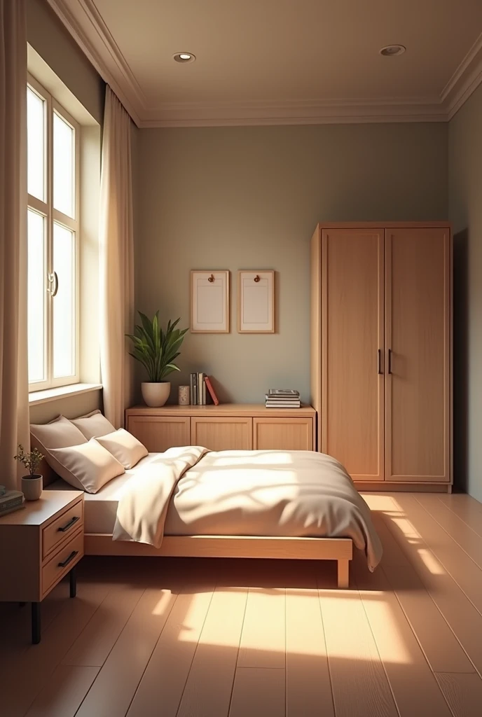Create a room with 1 double bed and 1 built-in wardrobe on the right wall and a window on the left