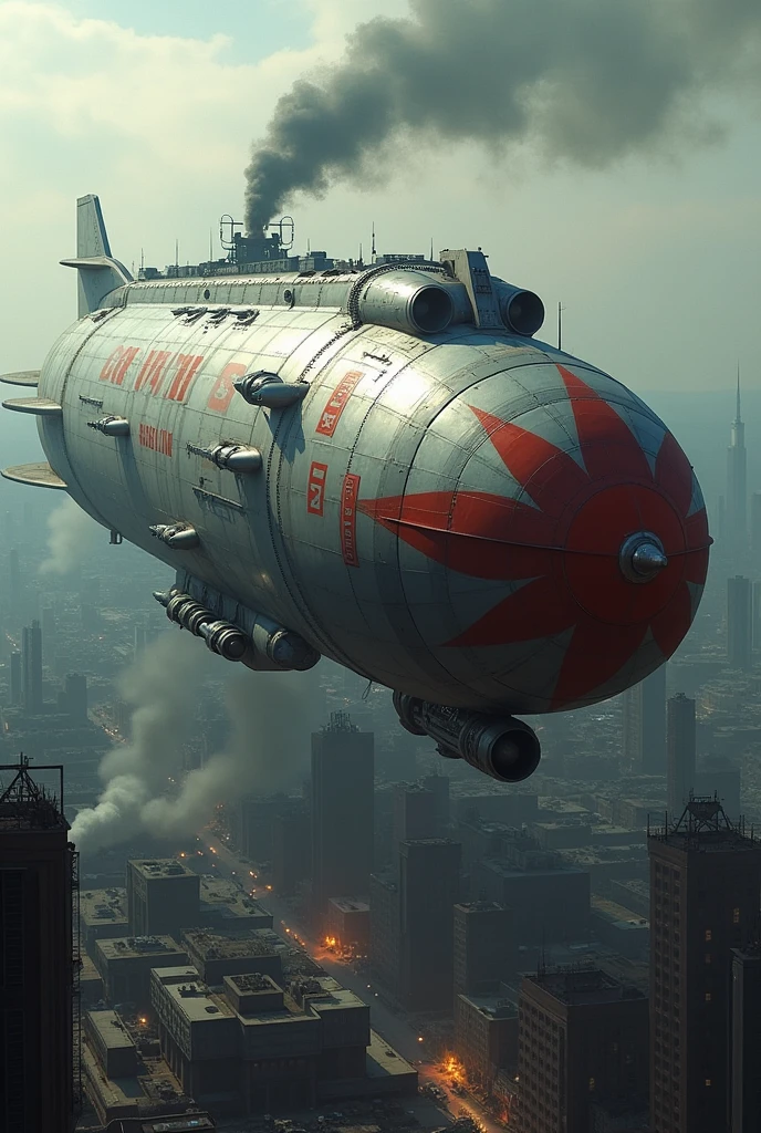 Kirov from command and conquer red alert 2. Show it in high detail flying over an industrial part of a large city. Use vehicle's appearance from the westwood studios game Command & Conquer Red Alert 2.