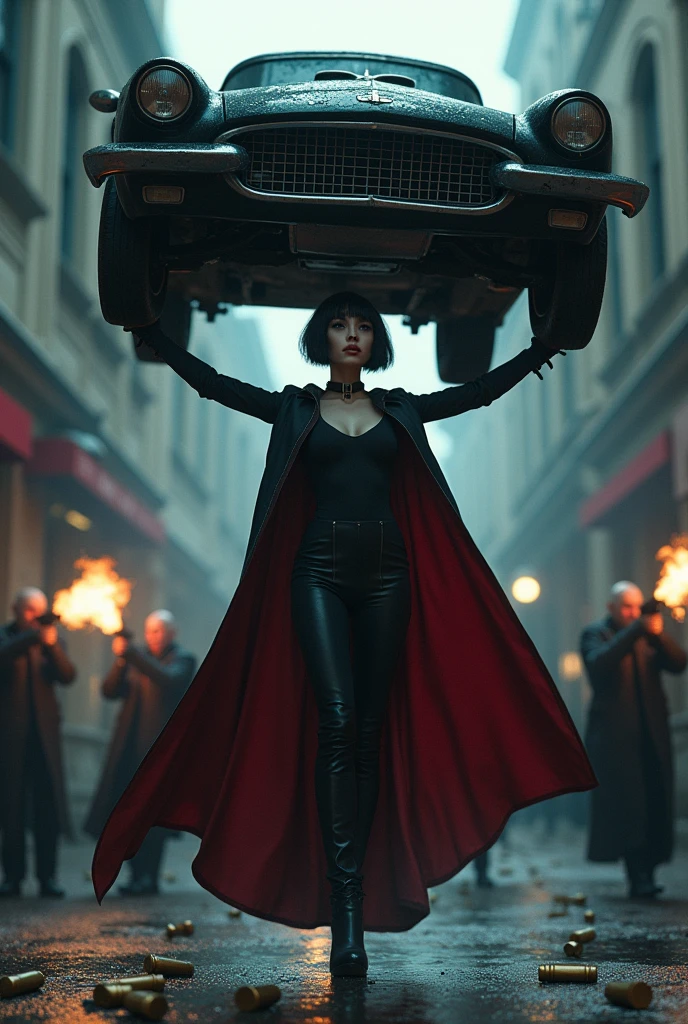 Dark short haircut blue eyes sexy beautiful supervampire gothic girl stockings high heels black uniform very tall red cape lifts a car overhead in the air with one hand . The gangsters are frightened and fire their machine guns at her, all the bullets bouncing off her, flattening and deforming, and falling to the ground.