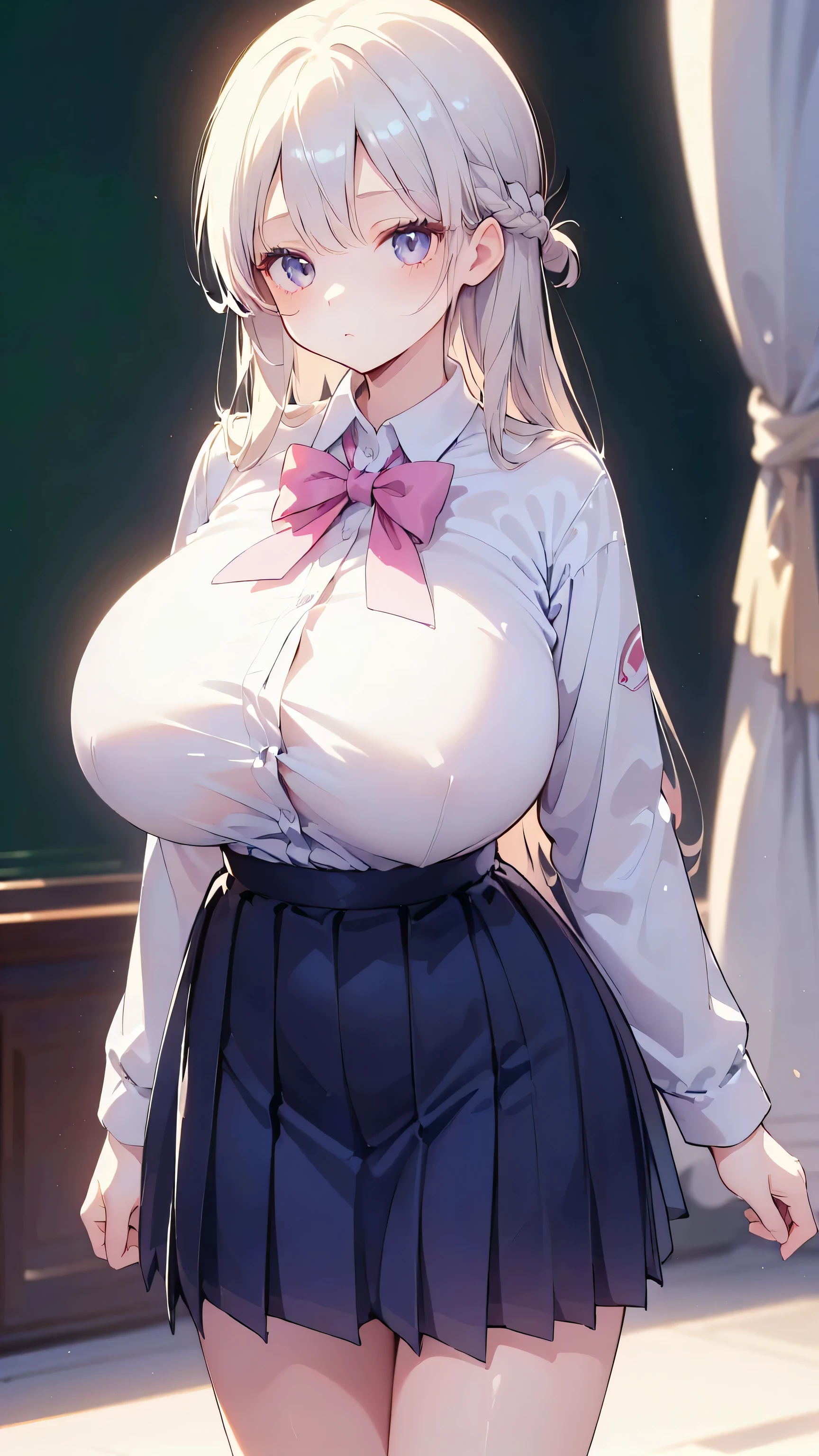 Ultra-high resolution, 8k,high quality,(Ultra-short stature,Gargari body,cowboy shot , ((no hat:1.3))),Slender,Cute hairstyle,(from top),(iridescent light,soft shadow,Anime Painting,thin line drawing),((((super enormous cartoon-like tits,school uniform、Girl、)))),