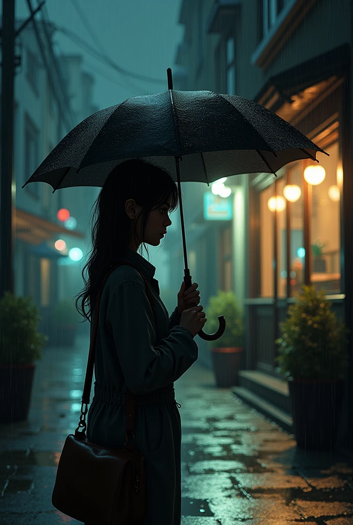 In the dead of night,It's raining,There is a girl holding an umbrella wandering outside the cafe