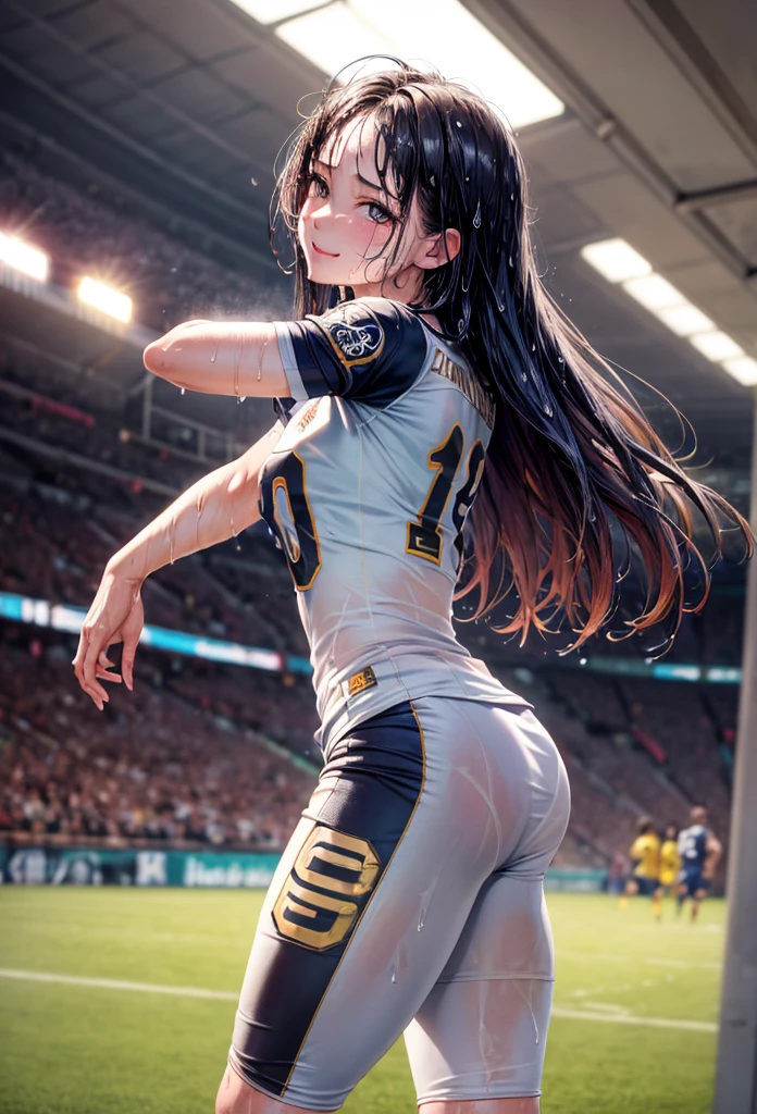 (work of art,highest quallity,超High resolution),Japanese woman, (((very beautiful girl))), Bela 、Look at the photographer、from front view, ((shorth hair)), Super cute face, Glossy lips, Double eyelids in both eyes,Natural smile、 Make-up natural, long eyelashes, Shiny and smooth hair、center image, perfect limbs, Perfect Anatomia,(((Corinthians football uniform)))、((())),(((wet with sweat))),You can see the bra through the side of the uniform,