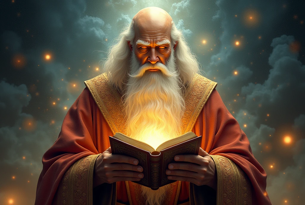 Create a god who has the powers of knowledge, bald with a beard and holding a glowing book. 