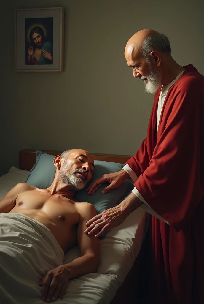 Super realistic images in high resolution. An Indonesian man, 60 years old, totally bald no hair, clear face, slim body, wearing casual, laying on a bed in peace dying. Lord Jesus Christ in classic red as well known by christian, appears him with softly touch. Location: house room.
