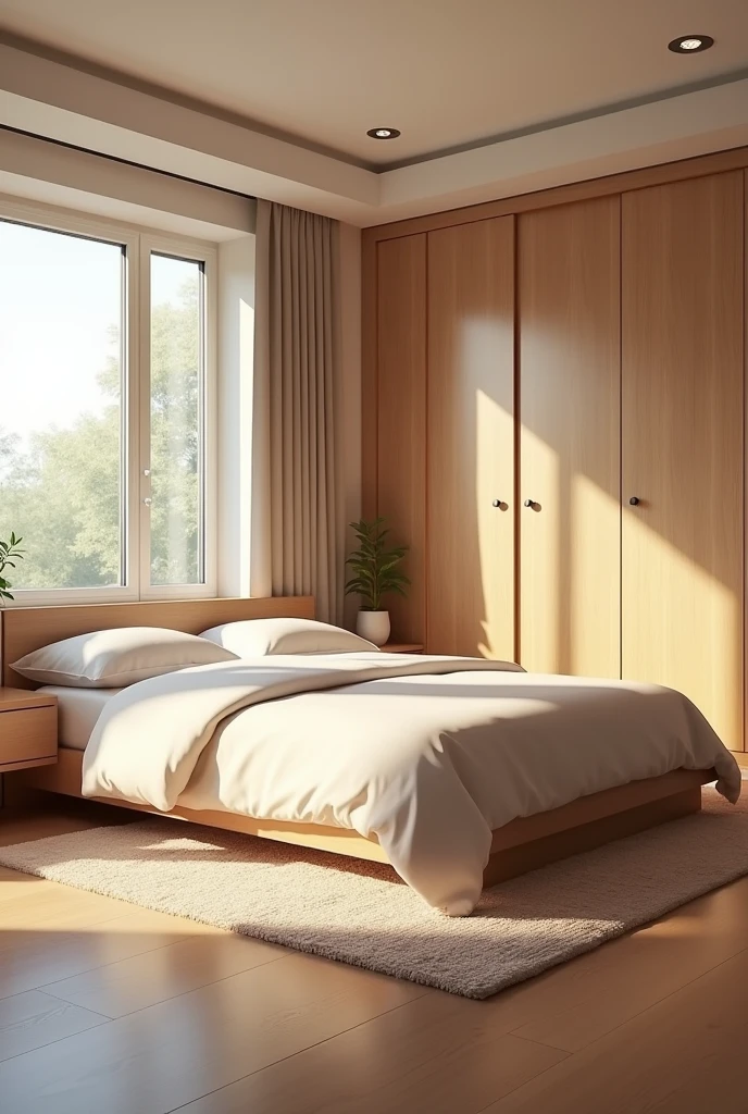 Create a room with 1 double bed and 1 built-in wardrobe on the right wall and a window on the left