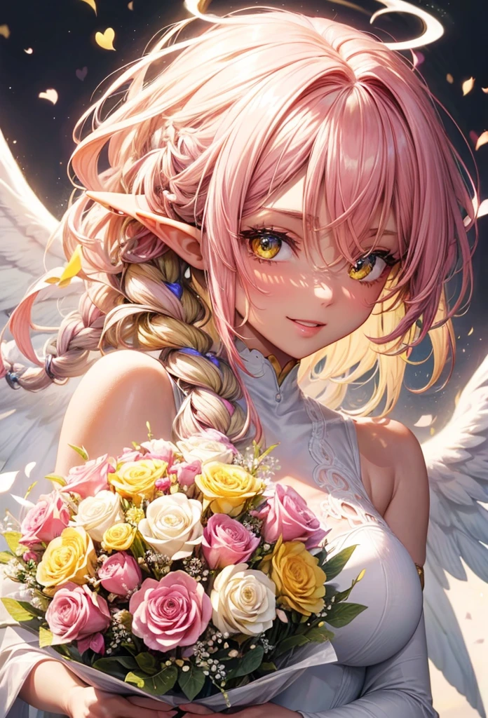(perfect natural beauty style), (pov, focus face, close up face, solo:2, 1000yo elf) (black skin), (detailed Dreadlocks:1.4) (immensely beautiful pink hair long hair), (best sexy elf woman) (immensely sexy yellow eyes) (ecstasy smile) (glossy lip) (small tits), in a best cute white angel leotard with double exposure:1.2 love hearts, break, hand holding a beautiful detailed big bouquet of white rose, break, ((background font is "Thanks")), BREAK, perfect anatomy, masterpiece, best quality, 16k, beautiful detailed thanks, daydreaming expression.