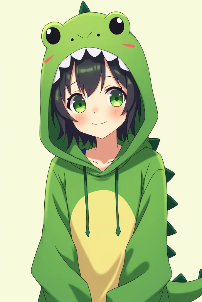 Green dinosaur hoodie green eyes a green shirt with a cute green dinosaur smile anime