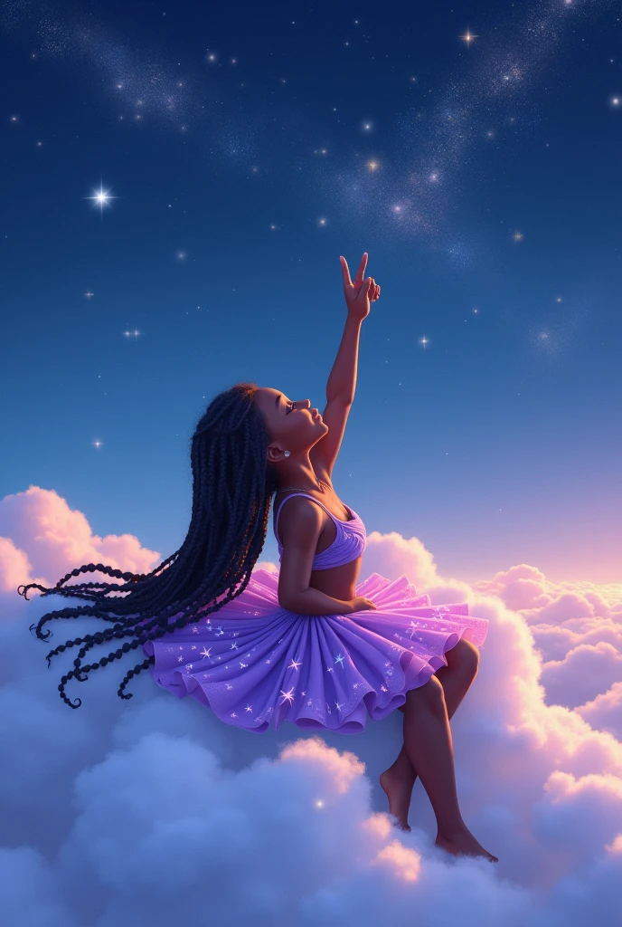 black girl sleeping on top of a cloud in the sky pointing at the stars with long black braids wearing a bikini dress with a lavender colored skirt with stars