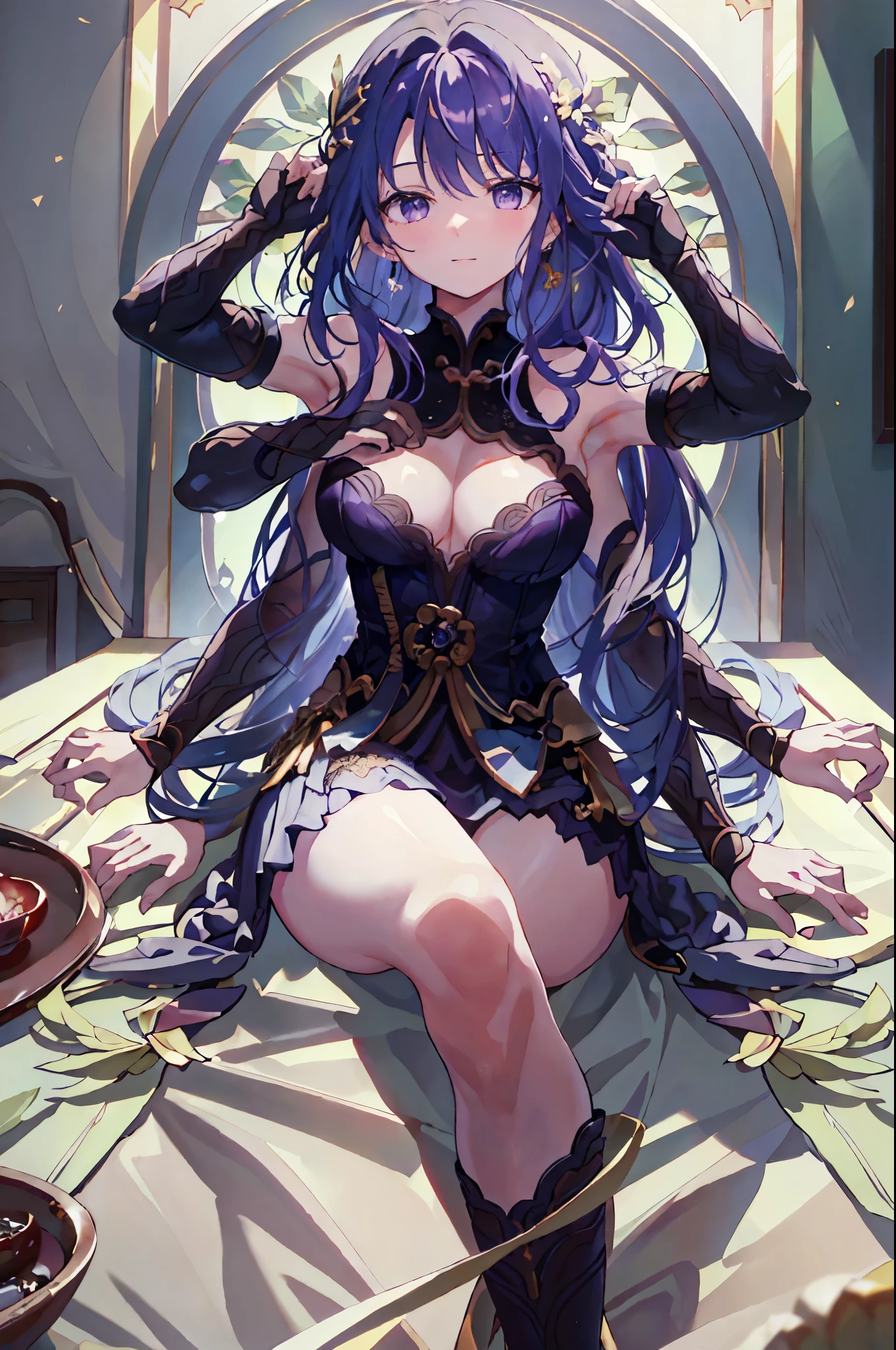 (Masterpiece, best quality), best resolution, (3 heads:1.5), 1 girl, Shogun Raiden, purple hair, Same hair color, Same eye color, Necks side by side, Necks are spaced equally across the shoulders., smile, outdoor,DSLR Photos, (8ก, 4K, Masterpiece),(Masterpiece, best quality), best resolution, (3 heads:1.5),Arms separated,arm circle, (Put your hands on your head...), (lower hand on ankle), (lower hand on leg), Full content in the frame, full body view, (four arms),(Multi-arm),(many hands), รูปร่างเพรียวบาง Masterpiece,best quality,best resolution,1 woman,many heads, upper body, รอยsmile,  Facing the audience,big breasts,simple background,Beautiful face,Beautiful hair,beautiful eyes,beautiful body,Beautiful hands,conjoined twins