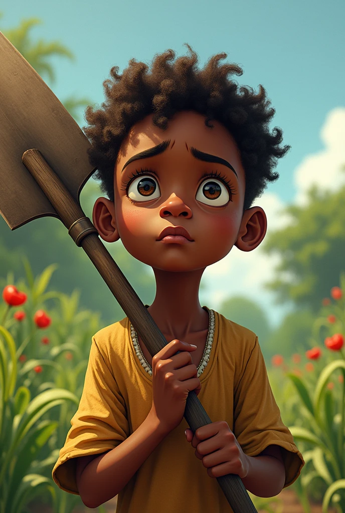 Dark skinned boy looking up with bored face and holding a hoe, seen from the front, beautiful and lively illustration, and also expressive, normal clothes