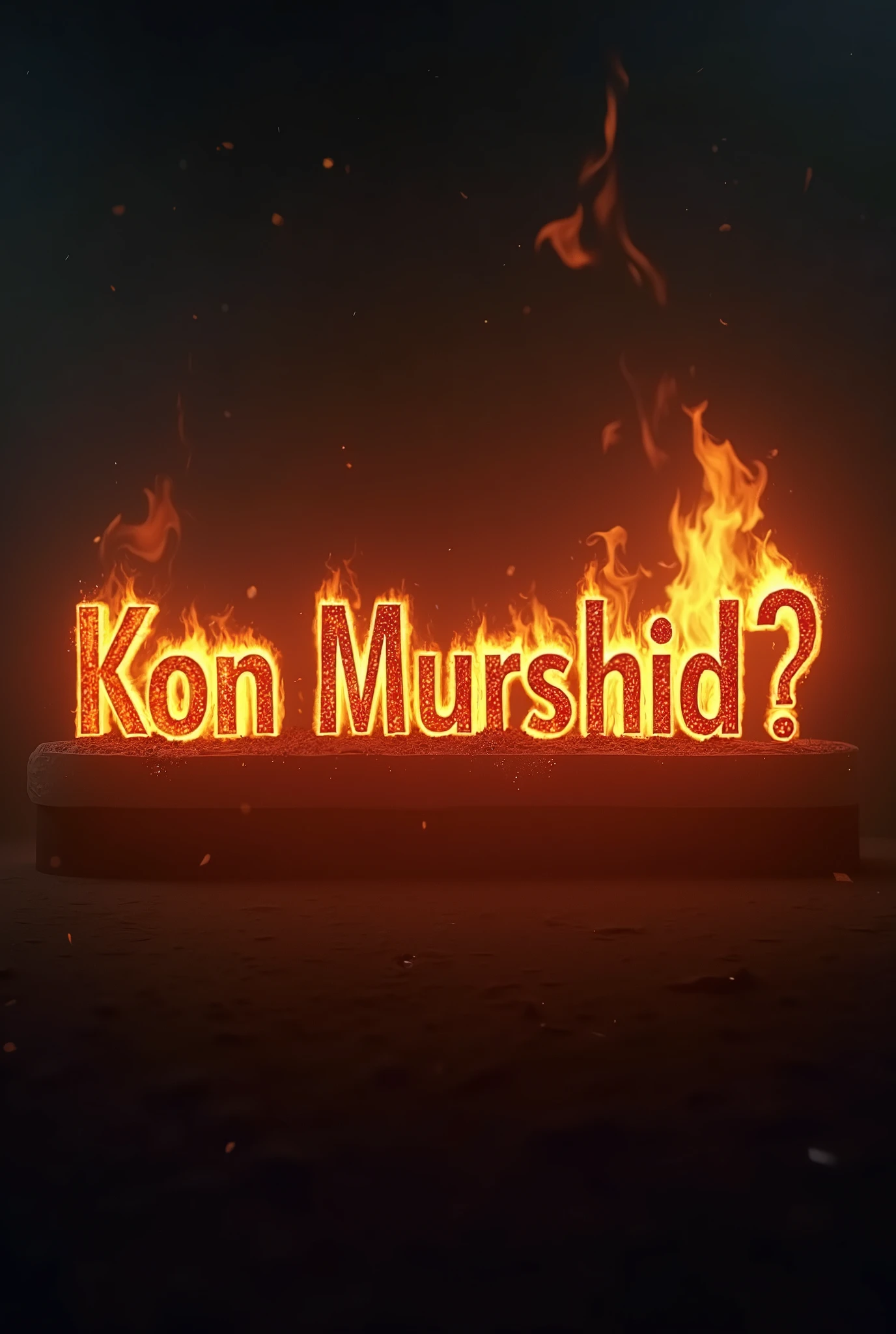a cinematic 4k wallpaper of the urdu text "Kon Murshid?" appearing with realistic flames and fire effects, a professional cinematic scene, highly detailed, volumetric lighting, dramatic shadows, intricate details, photorealistic, 8k, masterpiece, studio quality, hyperrealistic, dramatic lighting, moody atmosphere