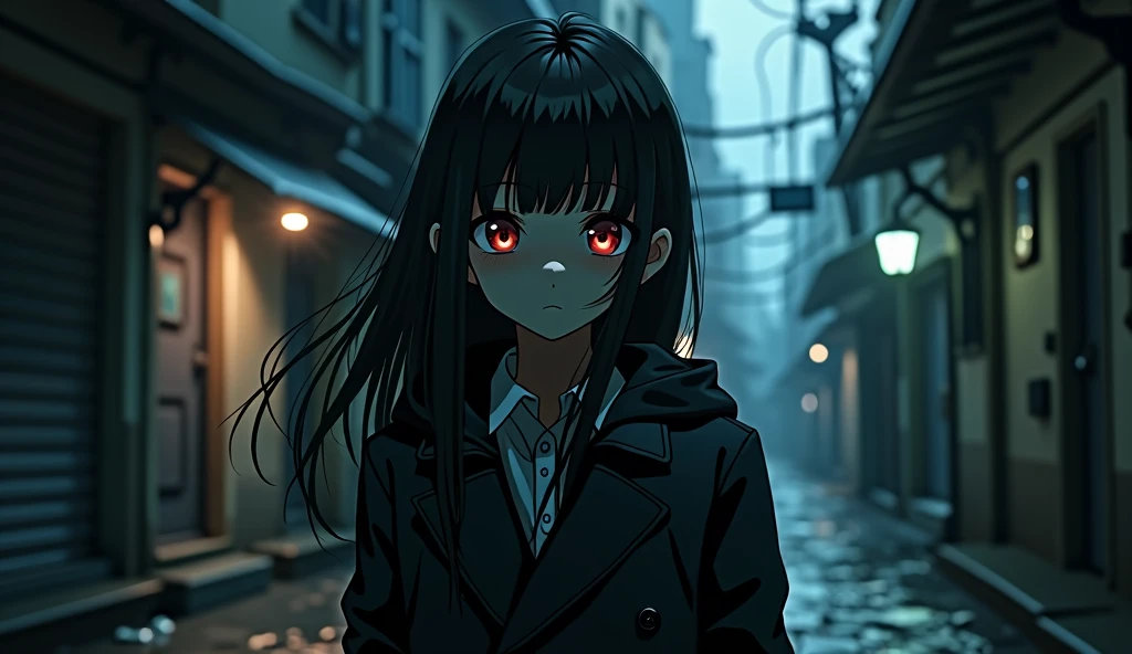(best quality, masterpiece, ultra detailed, ultra high res, photorealistic, raw photo, absurdres, absolutely resolution), anime、woman is the main character、mysterious、Suspenseful Tone、Dark tones and shadows、A little creepy atmosphere、Surrealism、Dark fantasy、
 The protagonist walks through a dark city at night。The camera closes up on her face、Capture a questioning look。