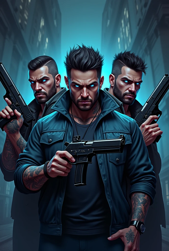 Logo of 4 gangster guys holding guns with blue eyes looking superpower RPG game theme