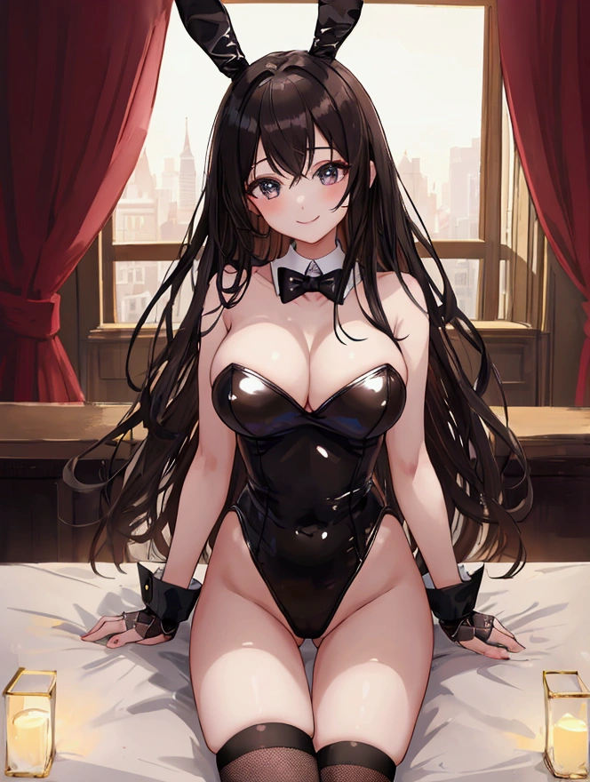 Highest quality, masterpiece, Ultra-high resolution, female、Big Breasts、Black Bunny、leotard、Mesh Knee Socks、Night Bar、A charming smile