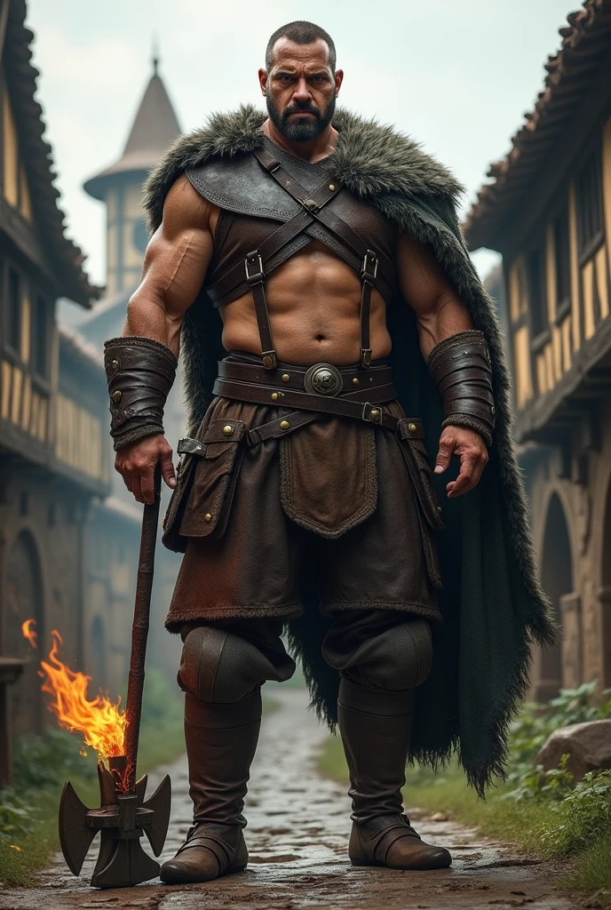 The tall and muscular man from medieval times in a village, with a threatening presence. He wears a leather armor and has a scar that crosses his right eye.

Flaming torch and a war hammer hanging from the waist.