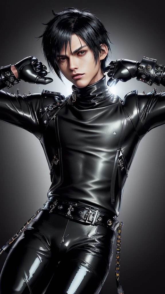 ((Final fantasy taste and reality graphics)), ((Japanese young cute and cool ikemen  boy)), his age is early 20s, thin eyebrows and beady eyes,  ((((he wearing black color and  shining brightly enamel leather thick single-brest  jacket)))), ((with epaulet)), ((enamel leather jacket close all zippers)),, ,(( jacket collar is high length stand-up collar with belts)), jacket is a little black line pattern,close the front of the jacket, (((also wearing black color turtleneck shining brightly enamel leather shirts))),  (((tight black and shining brightly enamel leather pants))), ((((shining brightly black enamel leather tight and thin glove)))), ((black color and shining brightly leather knee-high raceup boots)),head-to-toe, whole body, boy looks like fashion model,Do not show skin from the neck down,(((all his clothes are smooth taxtrue and very shining)))