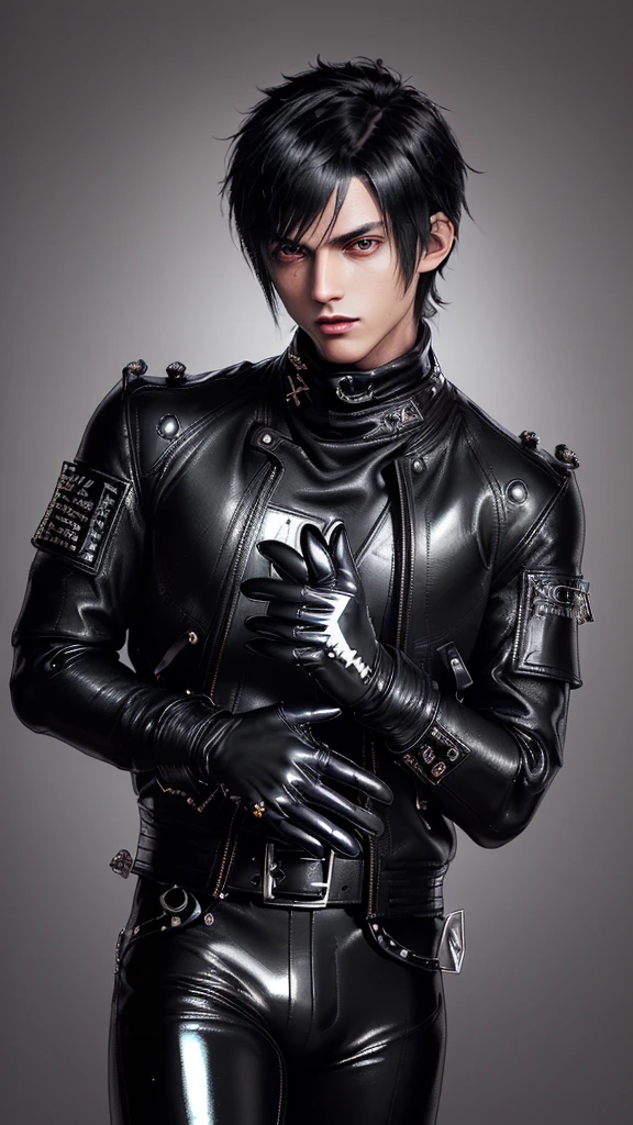 ((Final fantasy taste and reality graphics)), ((Japanese young cute and cool ikemen  boy)), his age is early 20s, thin eyebrows and beady eyes,  ((((he wearing black color and very shining brightly enamel leather thick single-brest  jacket)))), ((with epaulet)), ((enamel leather jacket close all zippers)),, ,(( jacket collar is very high length stand-up collar with belts)), , (((also wearing black color turtleneck very shining brightly enamel leather shirts))),  (((tight black and very shining brightly enamel leather pants))), ((((very shining brightly black enamel leather tight and thin glove)))), ((black color and vety shining brightly leather knee-high raceup boots)),head-to-toe, whole body, boy looks like fashion model,Do not show skin from the neck down,(((all his clothes are smooth design and very shining))),(((Avoid adding unnecessary decorations to your clothes))),(((all clothes is simple design and appearance)))