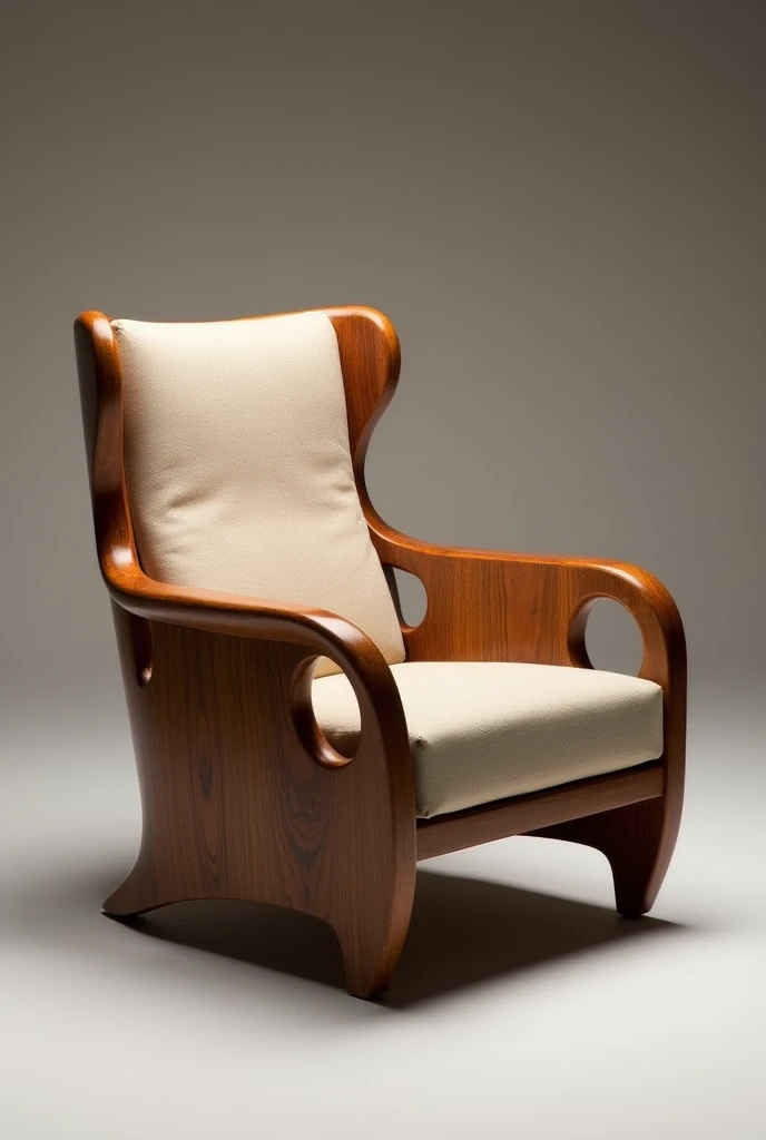 Create an image of a luxury wooden armchair inspired by the designs of Sérgio Rodrigues. The armchair must have a sophisticated and elegant style, with organic shapes and soft lines characteristic of Rodrigues' work. The backrest and seat must be comfortable and ergonomically designed., with a robust and refined structure. Use high quality wood finishes, like rosewood or walnut, and include details like premium fabric or leather upholstery. The image must convey exclusivity and opulence, suitable for luxury stores.