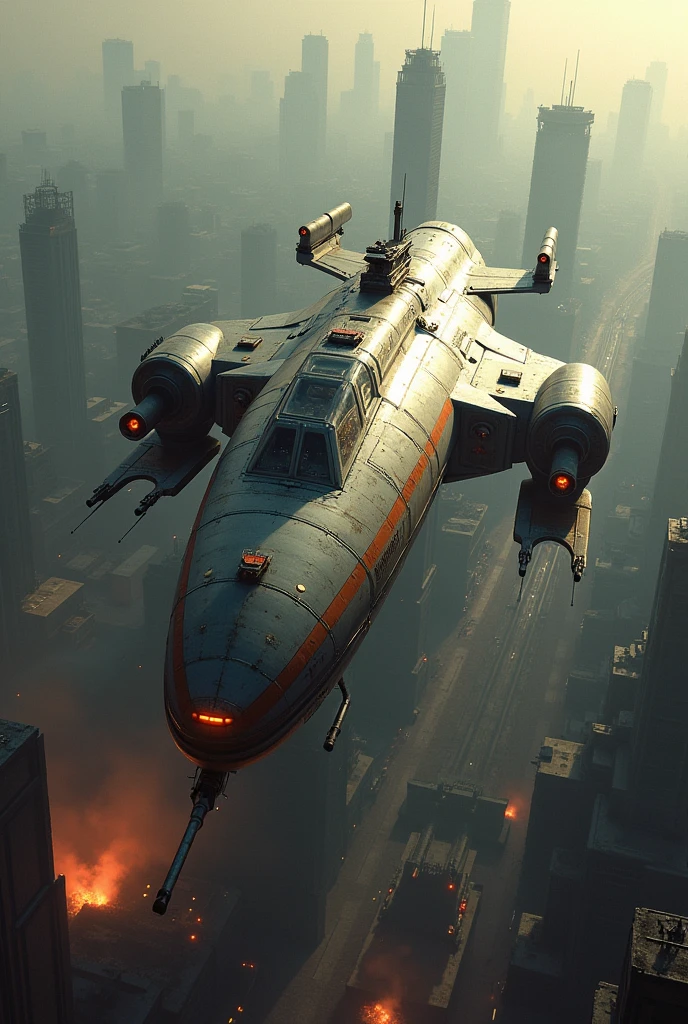 Kirov from command and conquer red alert 2. Show it in high detail flying over an industrial part of a large city. Use vehicle's appearance from the westwood studios game Command & Conquer Red Alert 2. Complete with weapons array.
