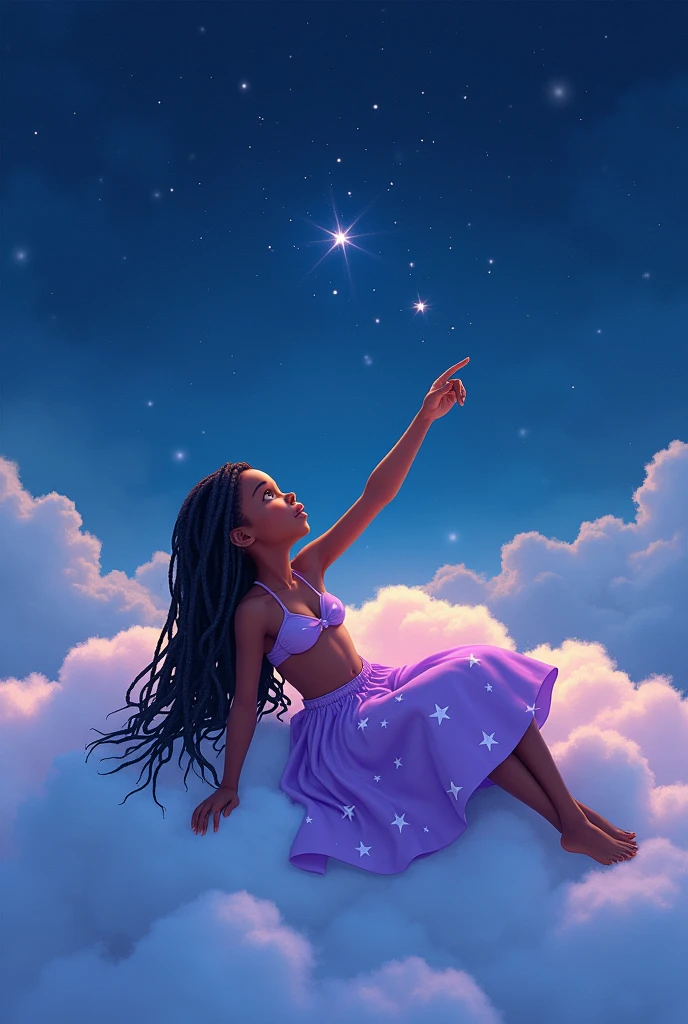 black girl sleeping on top of a cloud in the sky pointing at the stars with long black braids wearing a bikini dress with a lavender colored skirt with stars