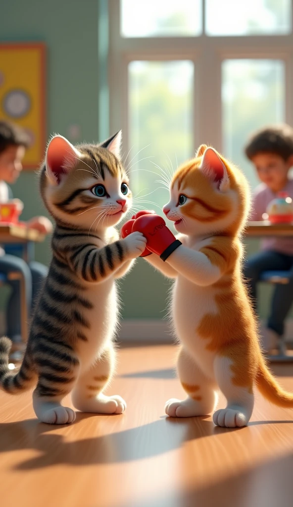 School lunch attendant,kitten Two of them standing upright boxing 3d